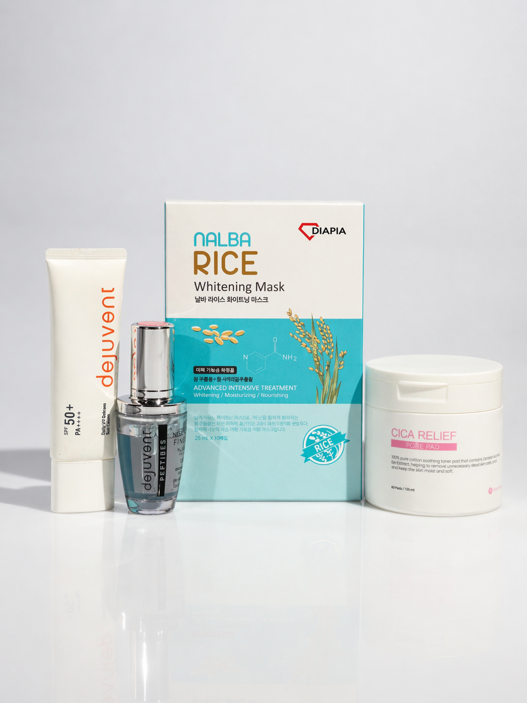 Kit Rutina Anti-Manchas y Luminosidad - Exfoliante AHA/PHA + sérum péptidos + mascarilla arroz + protector solar - Dejuvent